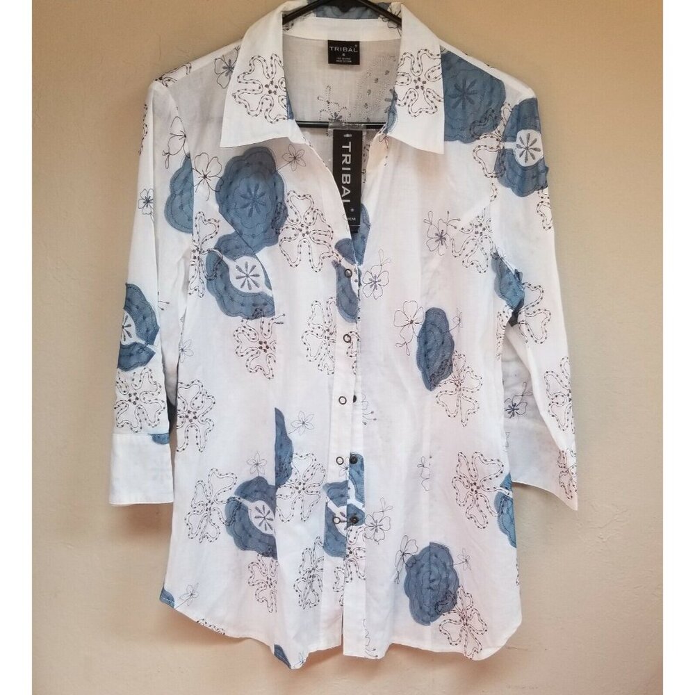New Tribal Womens Size 8 Cotton Embroidered Floral Snap Button 3/4 Sleeve Blouse